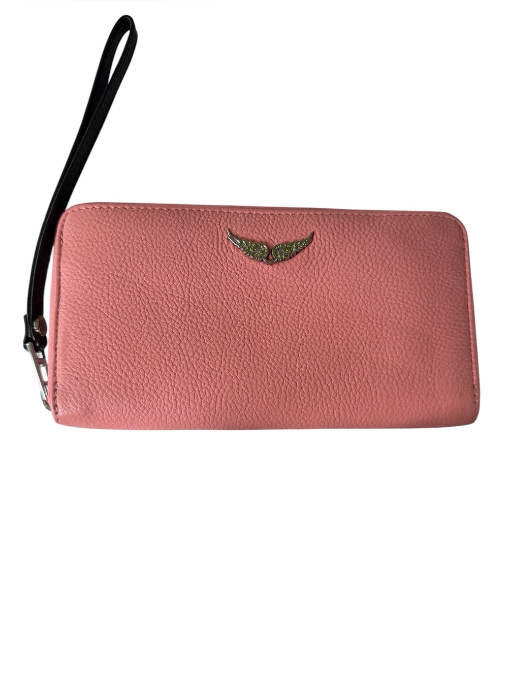 Zadig & Voltaire Pink Leather Wing Crystal Zip Around Wristlet Wallet Clutch